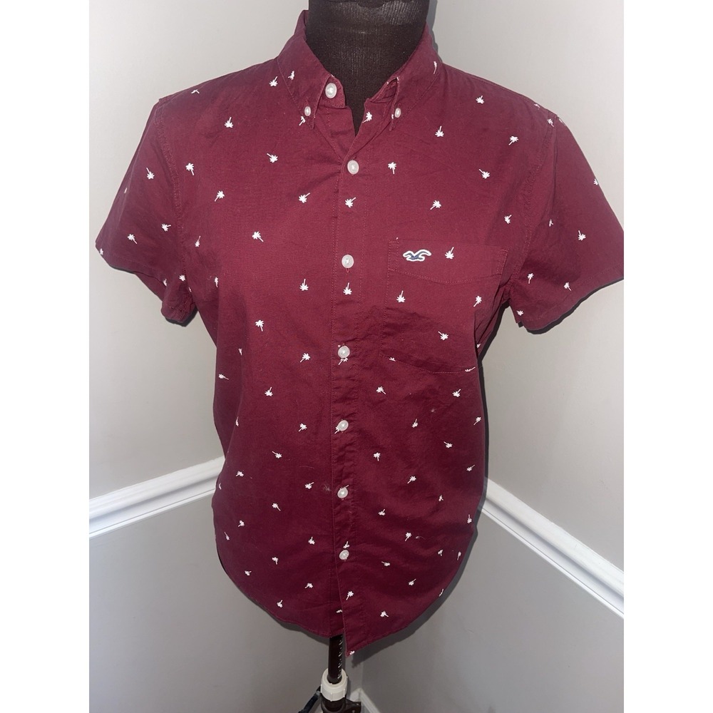 Hollister Epic Flex Stretch Tropicalโ Hawaiian Shirt Mens XS Burgundy Palm Trees